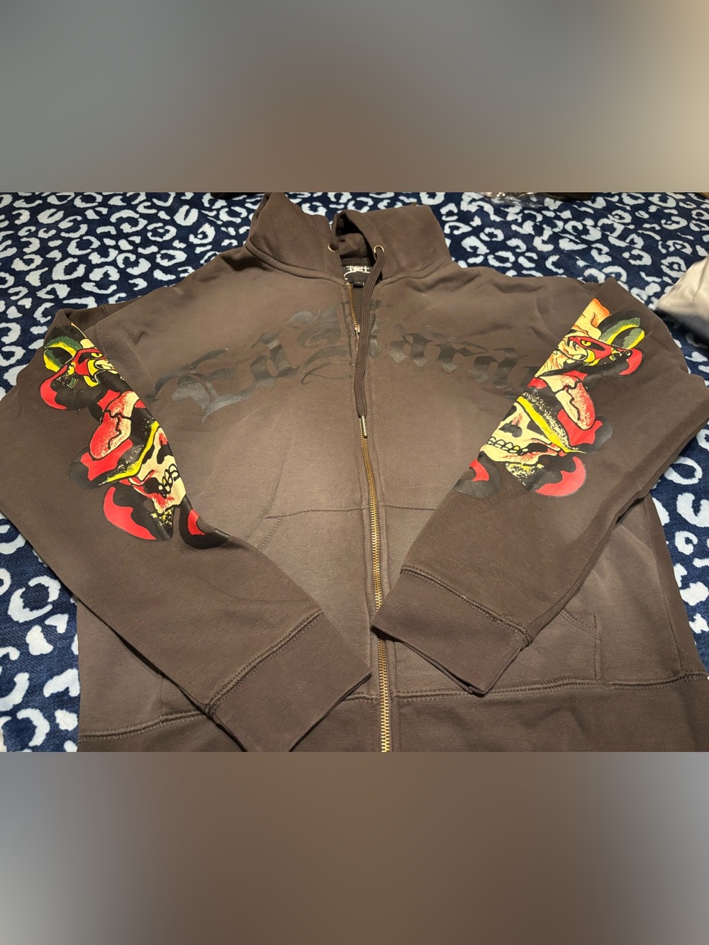 Ed Hardy Brown Zip-Up Hoodie with Multicolor Skull Sleeve Graphics
